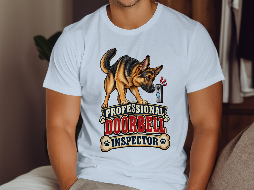 German Shepherd examining doorbell with "Professional Doorbell Inspector" text.