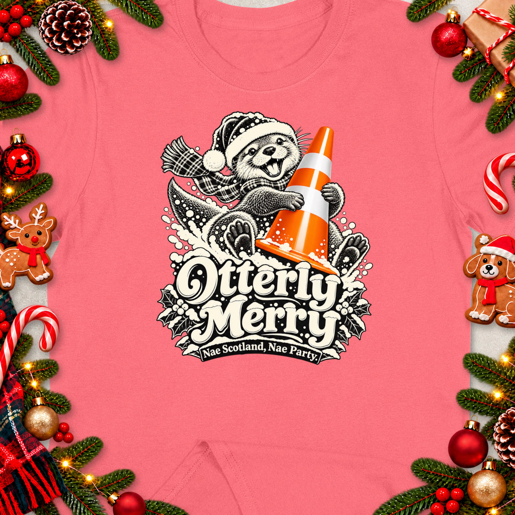 Otter wearing a Santa hat holding a traffic cone, with text "Otterly Merry".