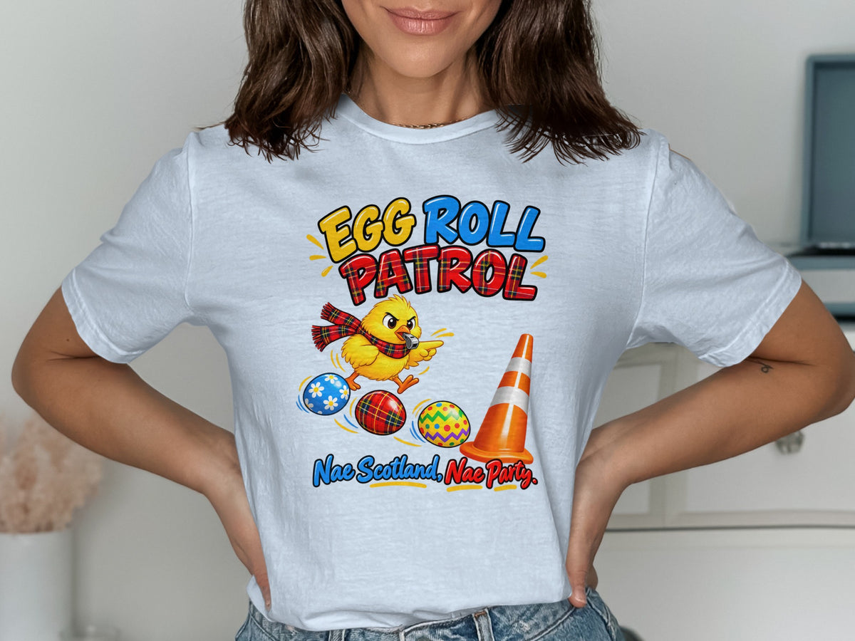 Yellow chick with a scarf and whistle, "Egg Roll Patrol" text, and Easter eggs.