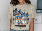 T-shirt with "Nae Scotland Nae Party" graphic, Miami skyline, palm trees, and flags.