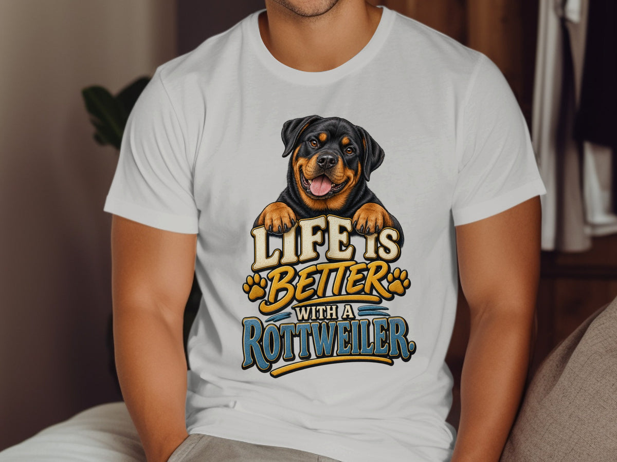 White t-shirt with Rottweiler graphic and text "Life is Better With a Rottweiler".