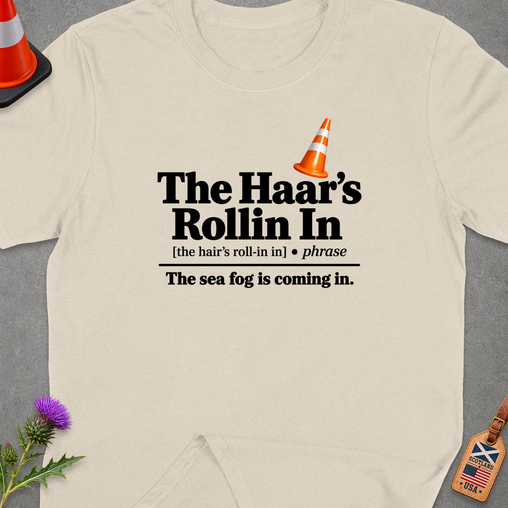 Cream t-shirt with "The Haar's Rollin In" and sea fog text.