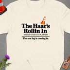Cream t-shirt with "The Haar's Rollin In" and "The sea fog is coming in." text.