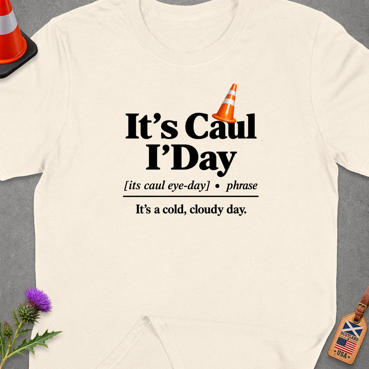 Cream t-shirt with "It's Caul I'Day" and definition "It's a cold, cloudy day."