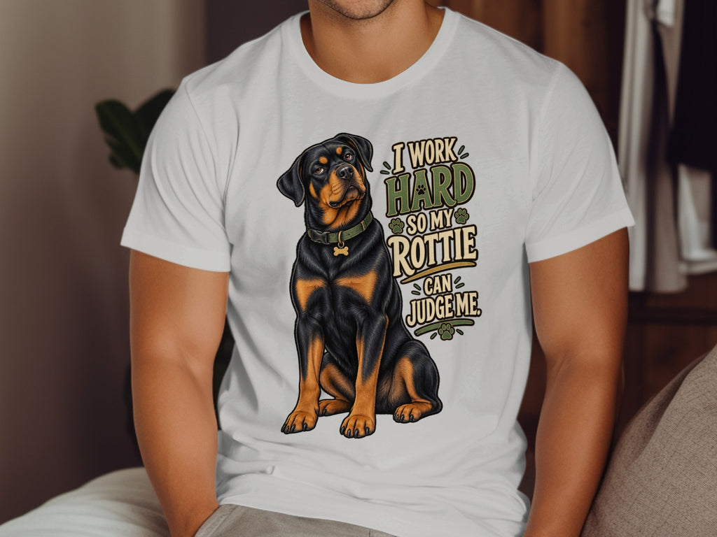 White t-shirt with Rottweiler illustration and text: I work hard so my Rottie can judge me.