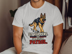 German Shepherd with K9 vest and text "Sit Happens. I Prefer Patrol."