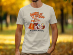 T-shirt graphic with "Hare of the Dog" text, rabbit, traffic cone, and Easter basket.