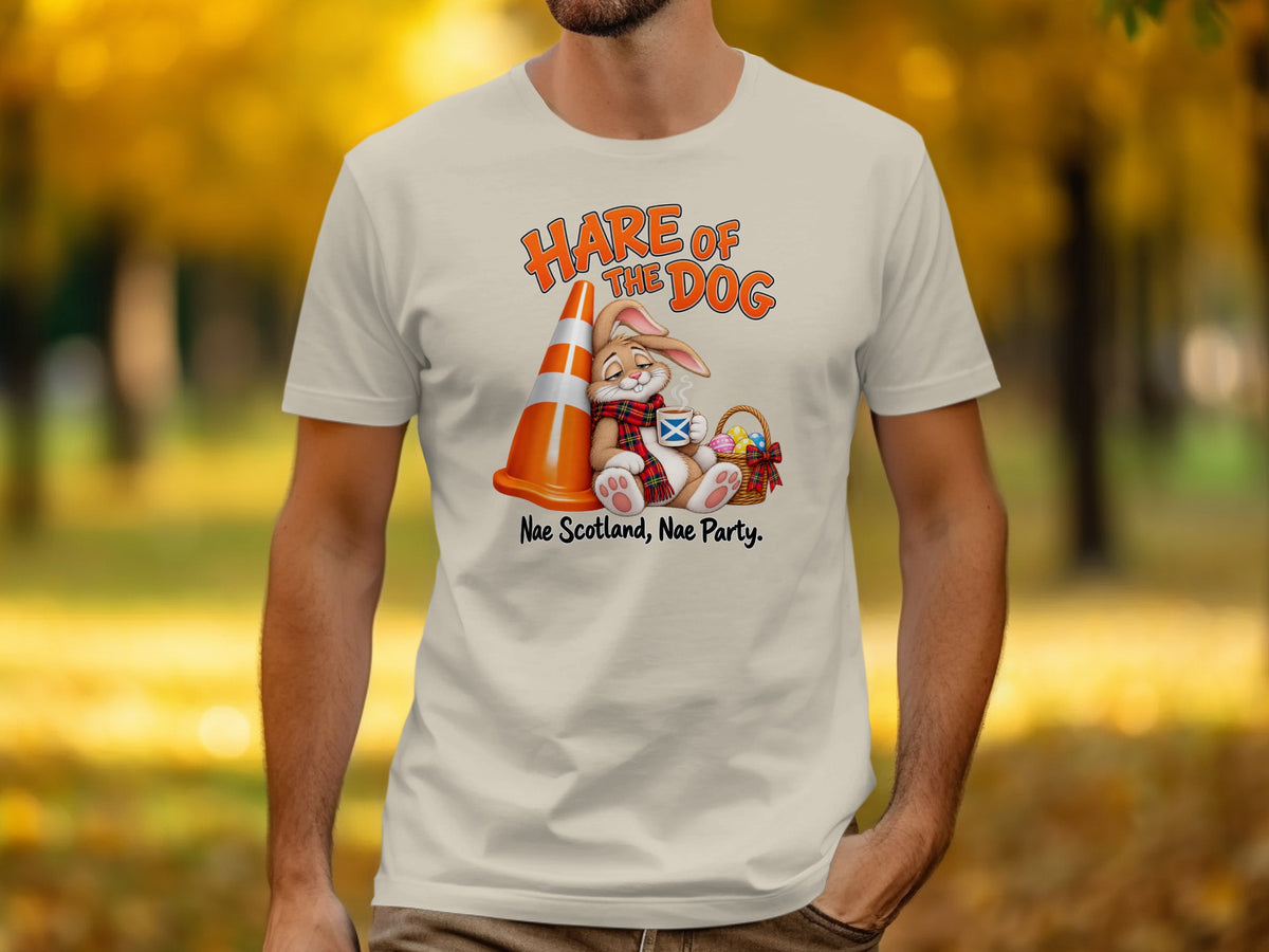 T-shirt graphic with "Hare of the Dog" text, rabbit, traffic cone, and Easter basket.