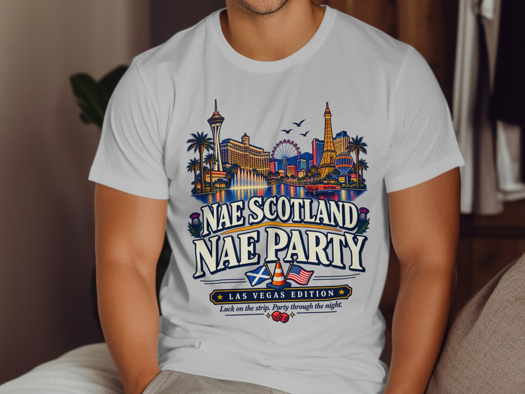 T-shirt with Las Vegas skyline graphic and "Nae Scotland Nae Party" text.