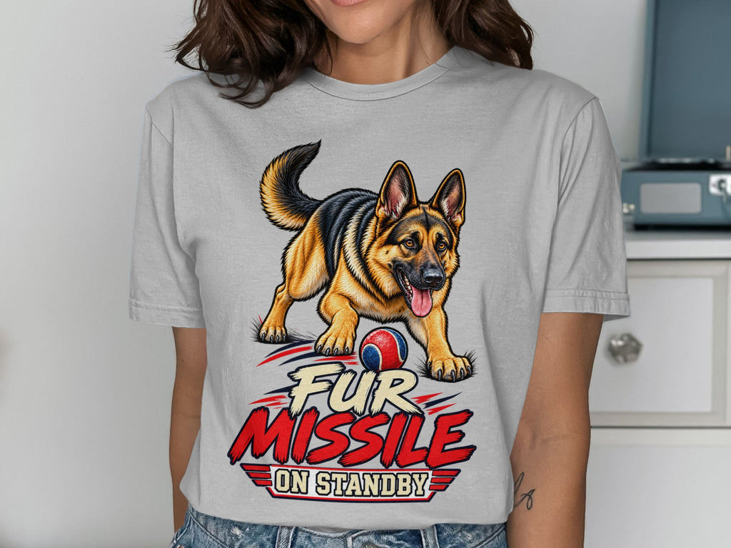 German Shepherd graphic with "Fur Missile On Standby" text on a gray t-shirt.