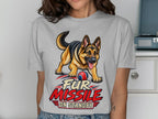 German Shepherd graphic with "Fur Missile On Standby" text on a gray t-shirt.