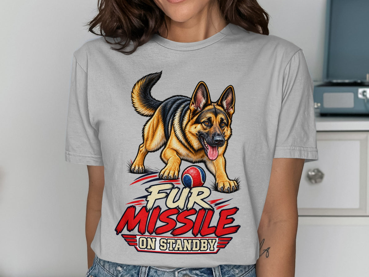 German Shepherd graphic with "Fur Missile On Standby" text on a gray t-shirt.