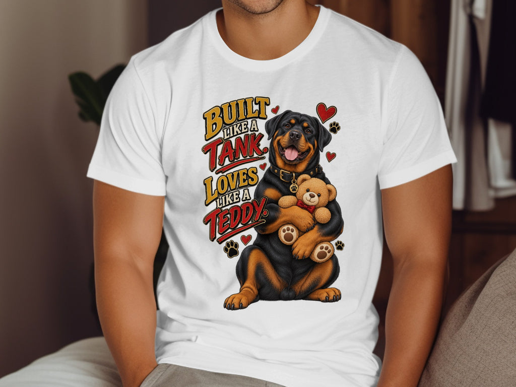 Rottweiler wearing a collar hugs a teddy bear with text "Built Like A Tank Loves Like A Teddy".