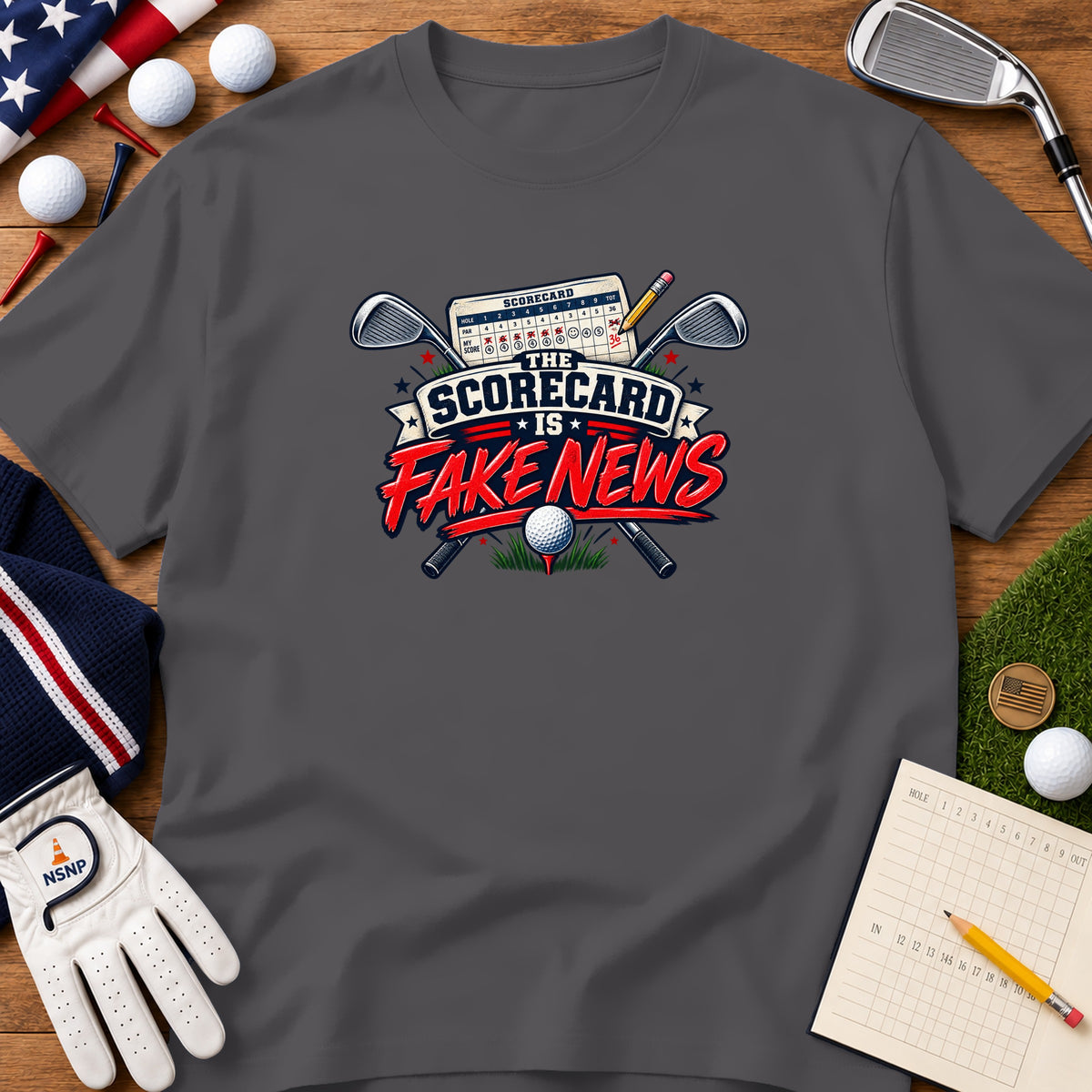 A gray t-shirt featuring a golf graphic with crossed clubs, a scorecard, and the text "The Scorecard Is Fake News."