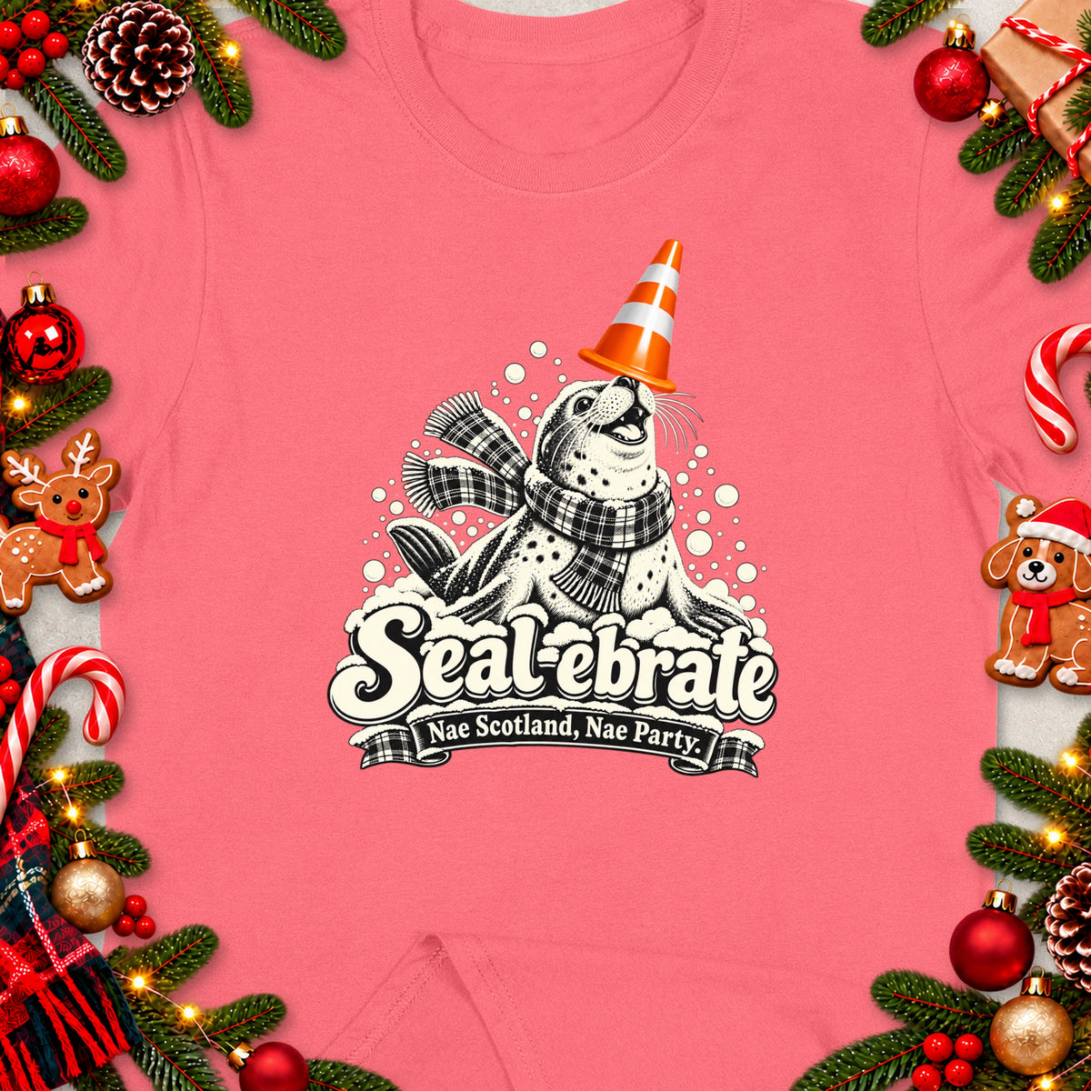 Seal wearing a scarf and party hat, text "Sealebrate Nae Scotland, Nae Party."