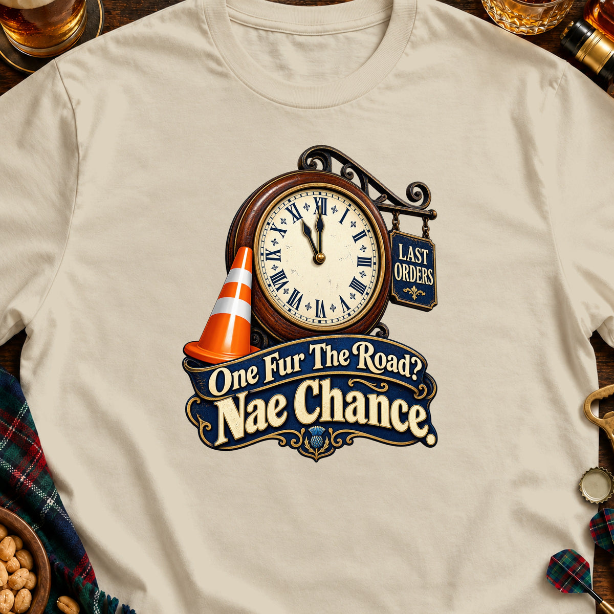 T-shirt graphic with clock, traffic cone, and text "One Fur The Road? Nae Chance".