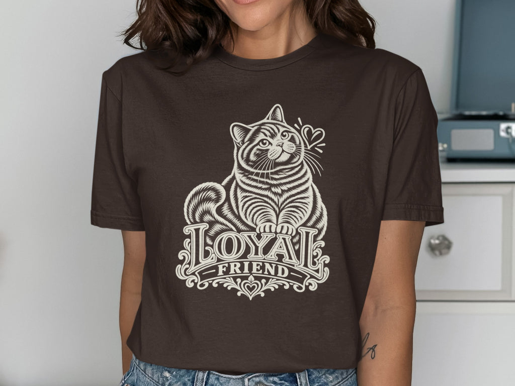 Brown t-shirt with a white line drawing of a cat and "Loyal Friend" text.
