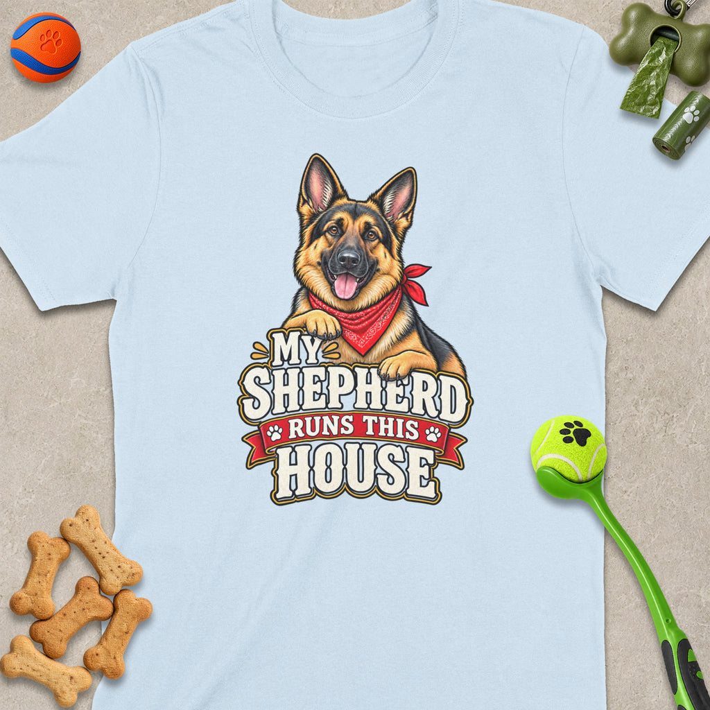 Light blue t-shirt with German Shepherd graphic and text "My Shepherd Runs This House".