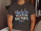 T-shirt with Washington D.C. landmarks, "Nae Scotland Nae Party" text, and flags.