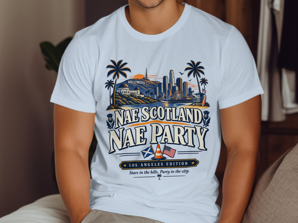 White t-shirt with Los Angeles skyline graphic and text "NAE SCOTLAND NAE PARTY".