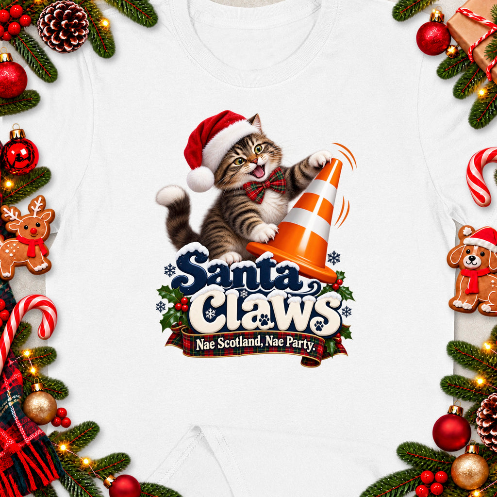 Kitten in Santa hat with "Santa Claws" text and "Nae Scotland, Nae Party" slogan.