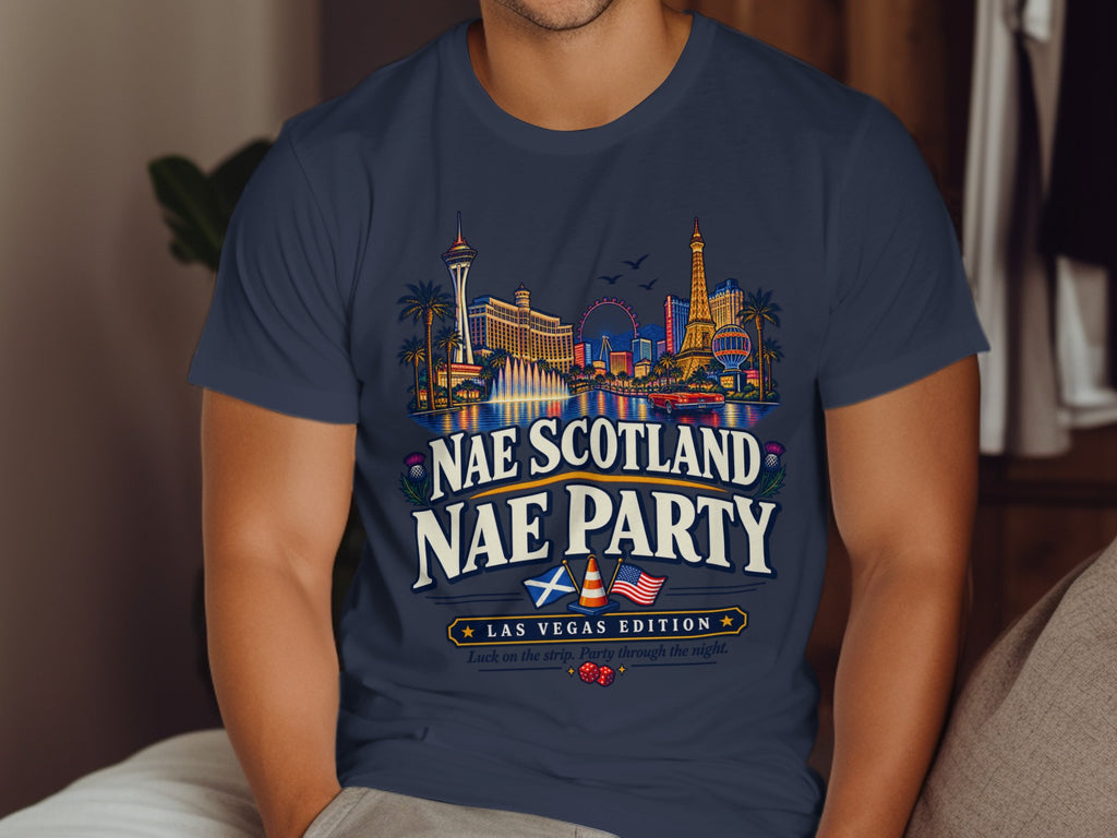 Navy t-shirt with "Nae Scotland Nae Party" text and Las Vegas skyline graphic.