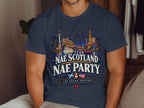 Navy t-shirt with "Nae Scotland Nae Party" text and Las Vegas skyline graphic.