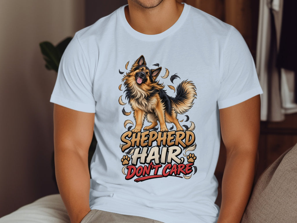 German Shepherd with fur flying and text "Shepherd Hair Don't Care".