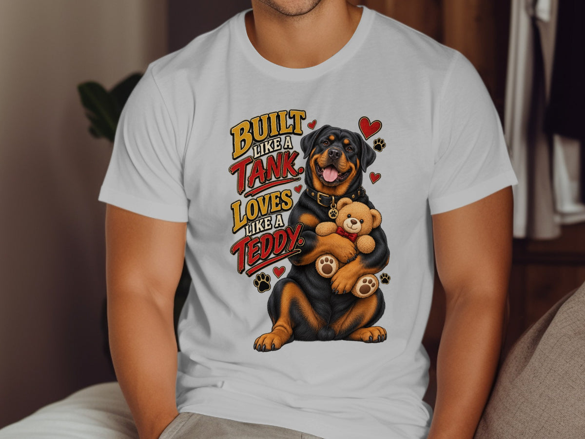 Rottweiler hugging a teddy bear with text "Built Like a Tank Loves Like a Teddy".