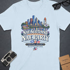 Light blue t-shirt with Houston skyline, NASA, and "Nae Scotland Nae Party" text.