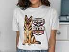 White t-shirt with German Shepherd and text "SECURITY SYSTEM INCLUDED".
