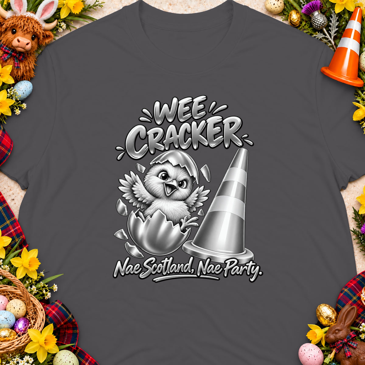 "Wee Cracker" text with a chick hatching from an egg and a traffic cone.