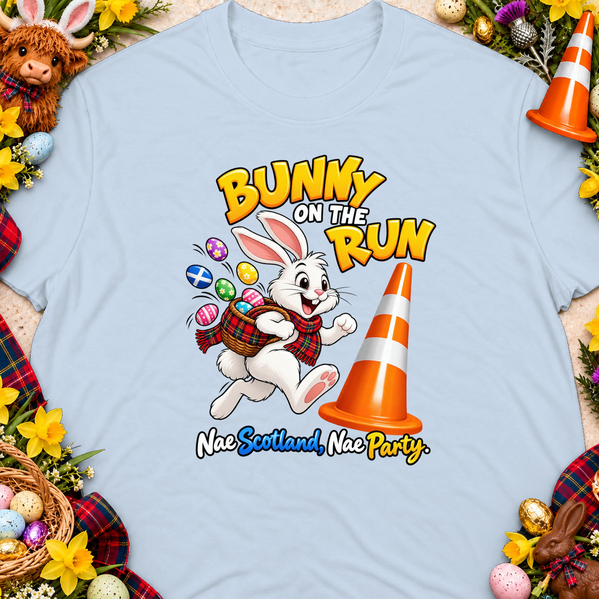 Cartoon bunny with Easter eggs and a traffic cone, text "Bunny on the Run".