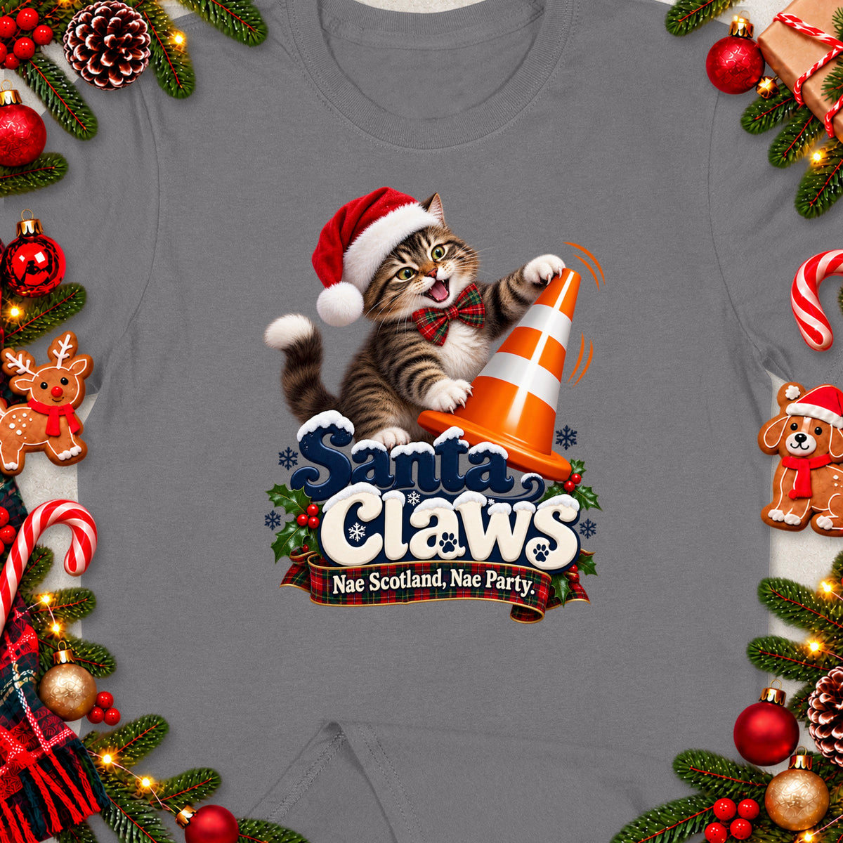 Cat in Santa hat with text "Santa Claws Nae Scotland, Nae Party."
