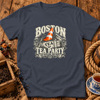 Dark gray t-shirt with a Boston Tea Party graphic featuring a traffic cone in a crate.