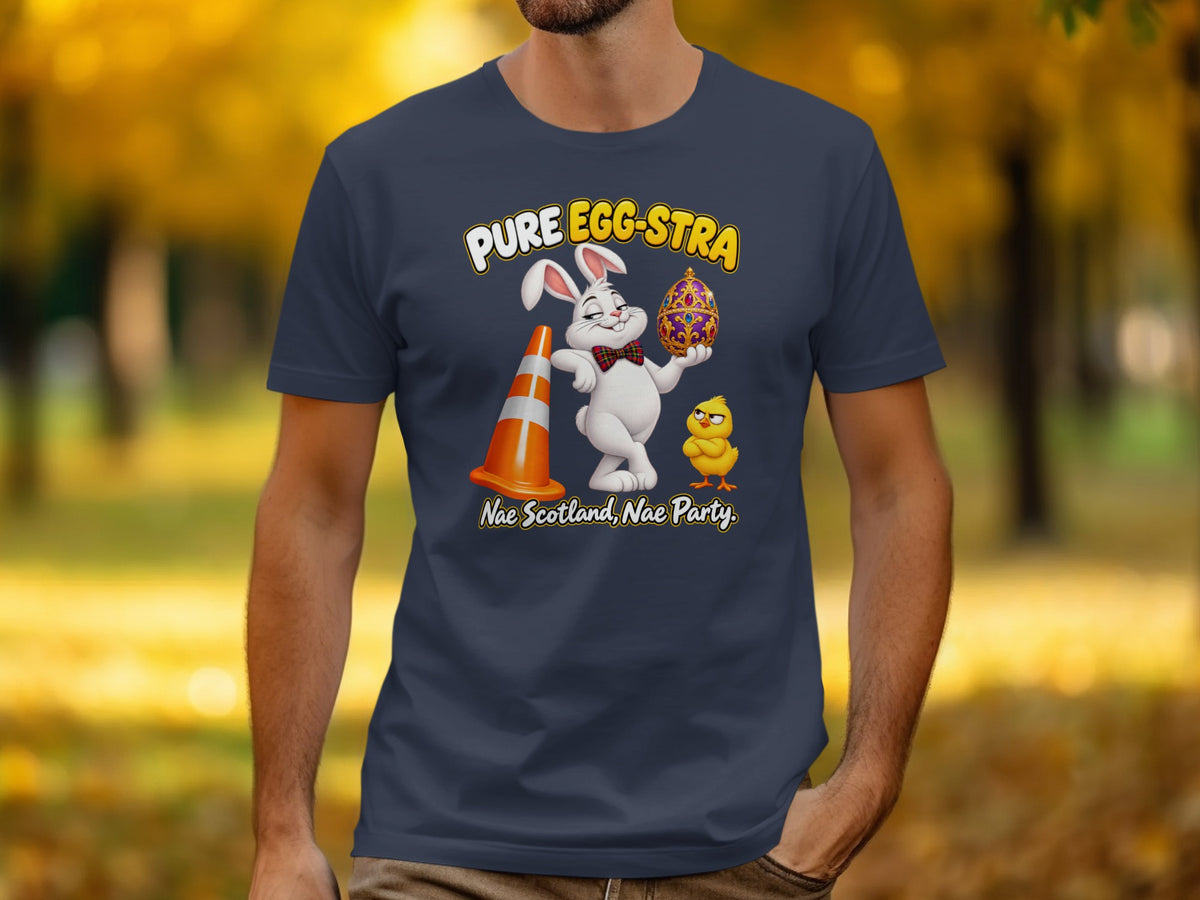 T-shirt with cartoon bunny holding an egg, chick, traffic cone, and text.