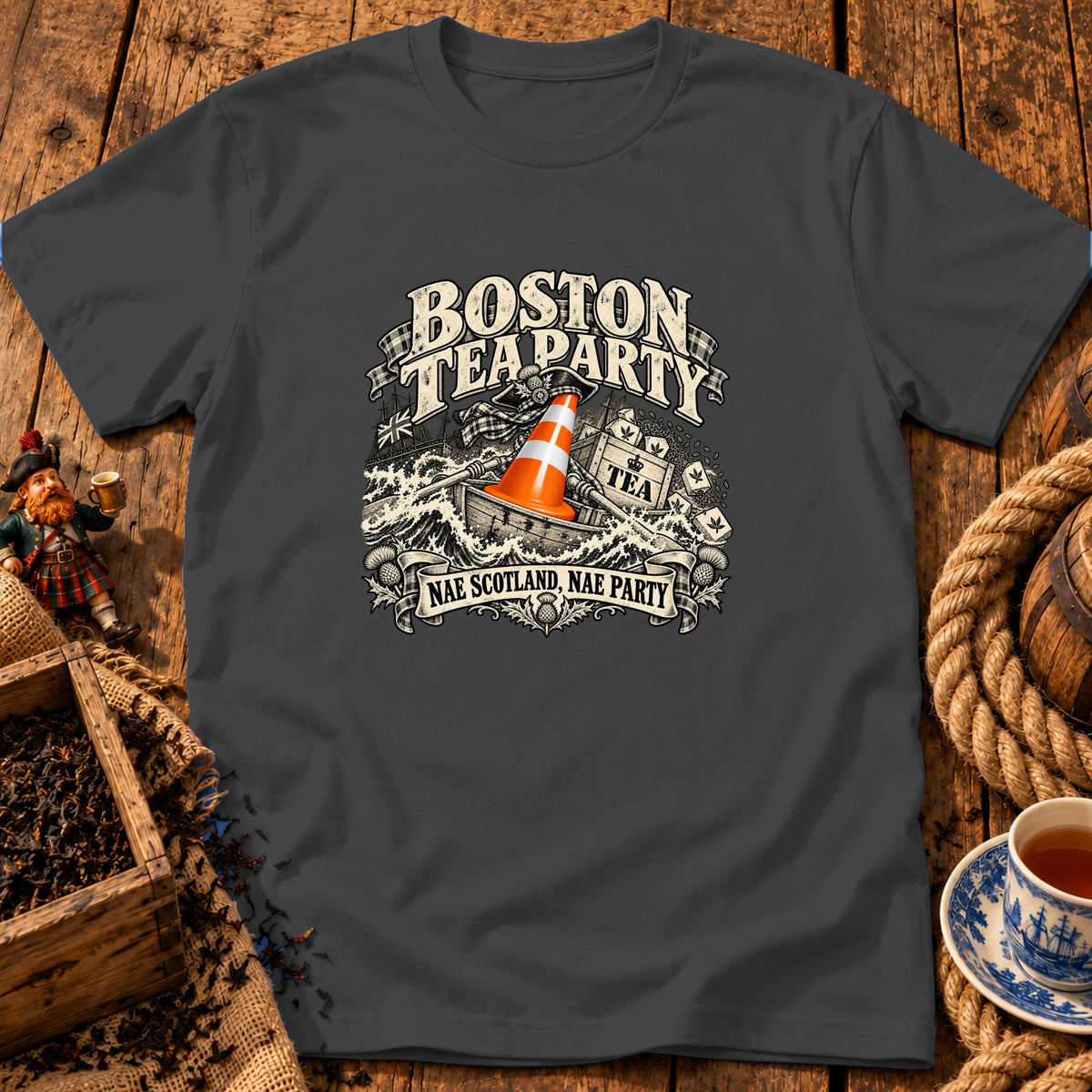 Charcoal gray t-shirt featuring a Boston Tea Party graphic with a traffic cone on a ship.