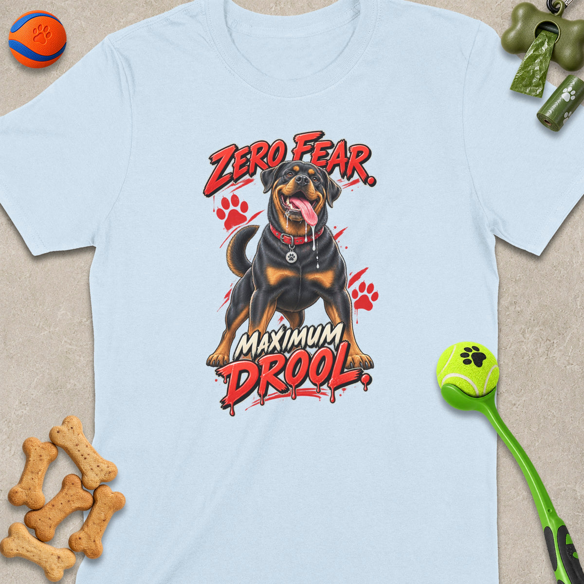 Light blue t-shirt with a Rottweiler graphic that reads "Zero Fear Maximum Drool."