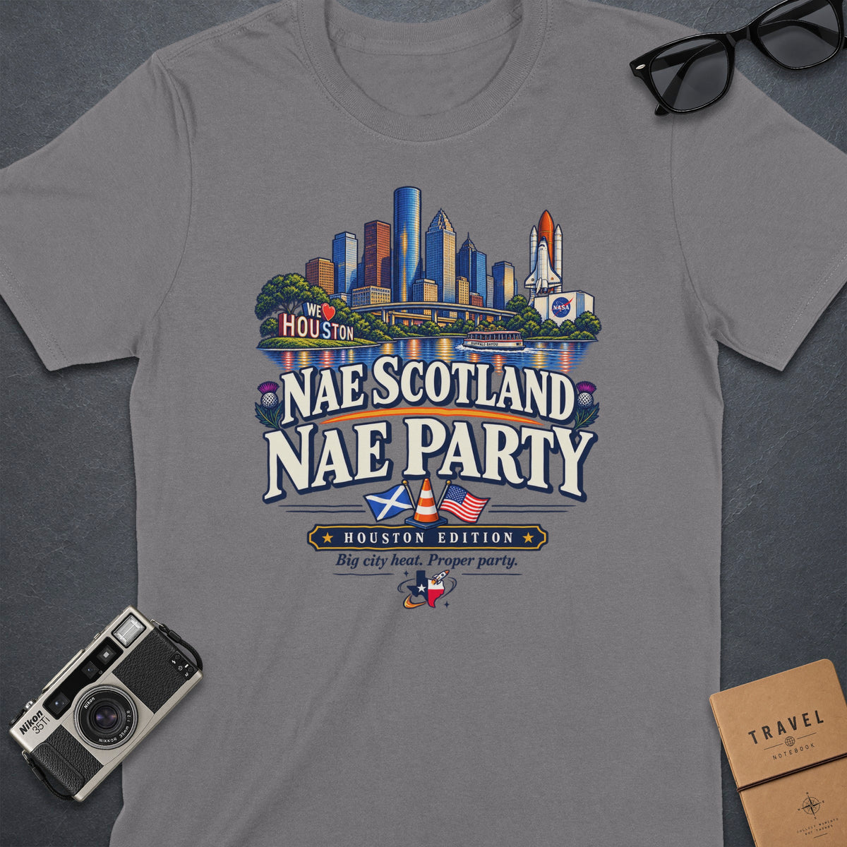 Houston skyline with NASA shuttle, Scottish and American flags, and text "Nae Scotland Nae Party".