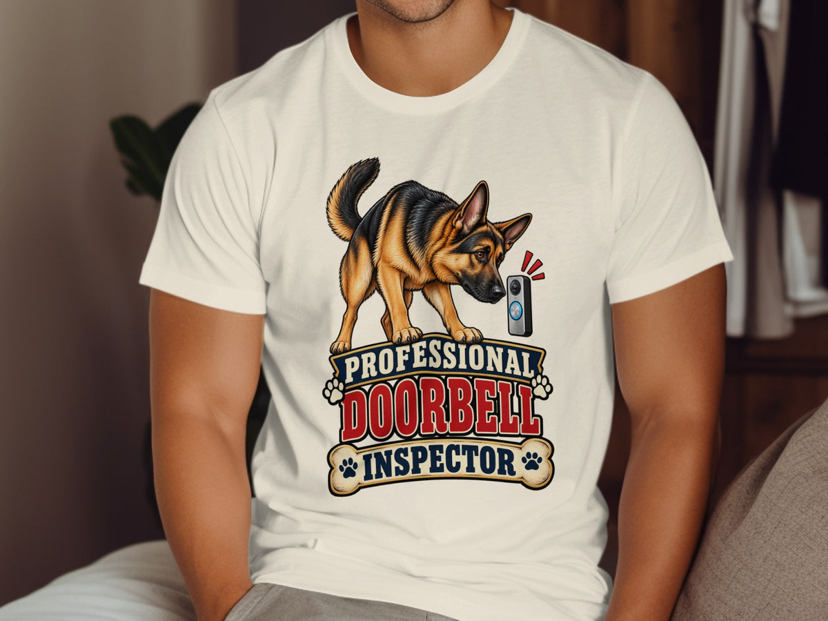 German Shepherd inspecting doorbell text "Professional Doorbell Inspector"