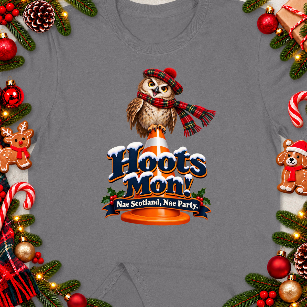 Owl wearing tartan hat and scarf on cone with text "Hoots Mon!".