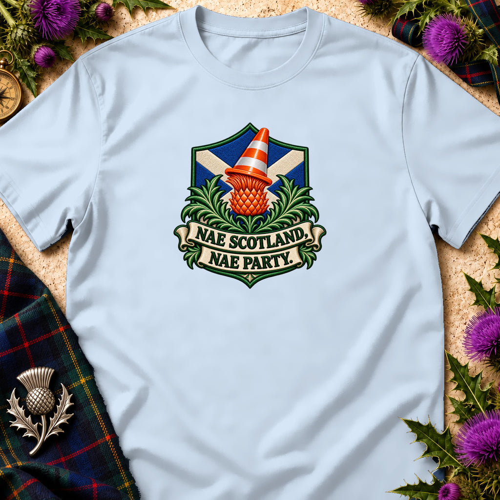 Light blue t-shirt featuring a crest with a thistle wearing a traffic cone and text reading NAE SCOTLAND NAE PARTY.