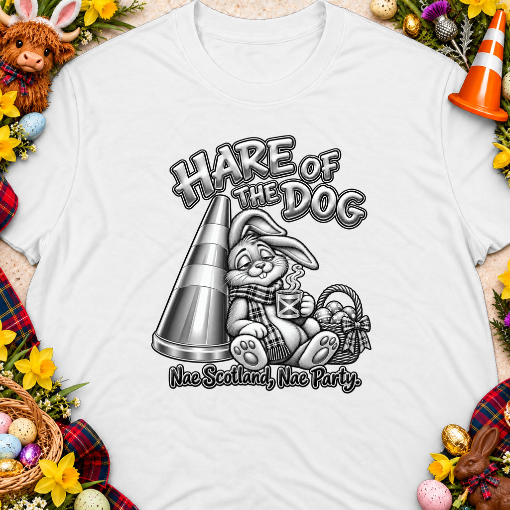 T-shirt with "Hare of the Dog" and "Nae Scotland, Nae Party" text.