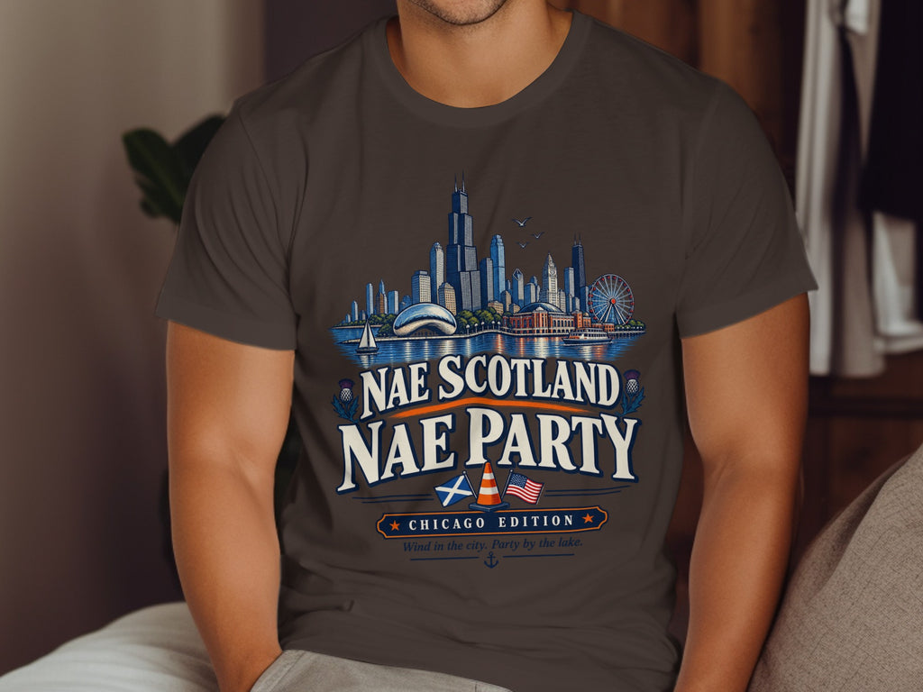 T-shirt graphic with Chicago skyline, "Nae Scotland Nae Party" text, and flags.