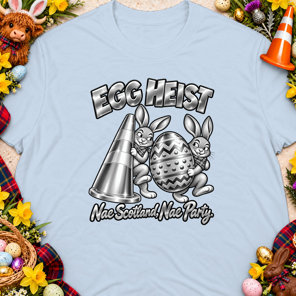 T-shirt with "Egg Heist" and two bunnies carrying a traffic cone and decorated egg.