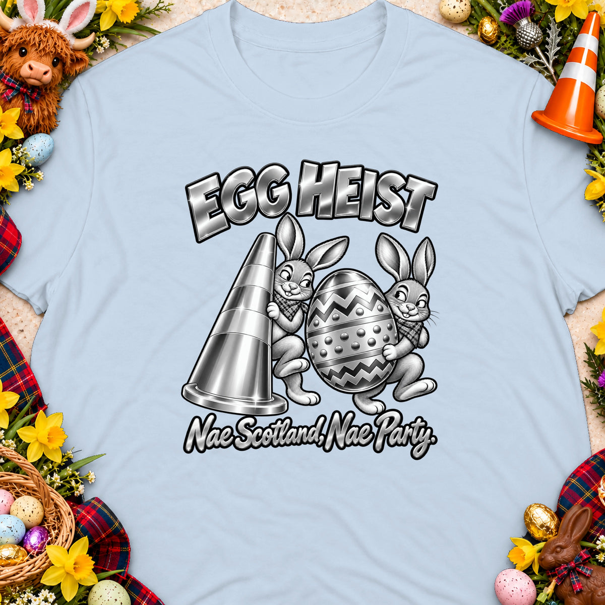 T-shirt with "Egg Heist" and two bunnies carrying a traffic cone and decorated egg.