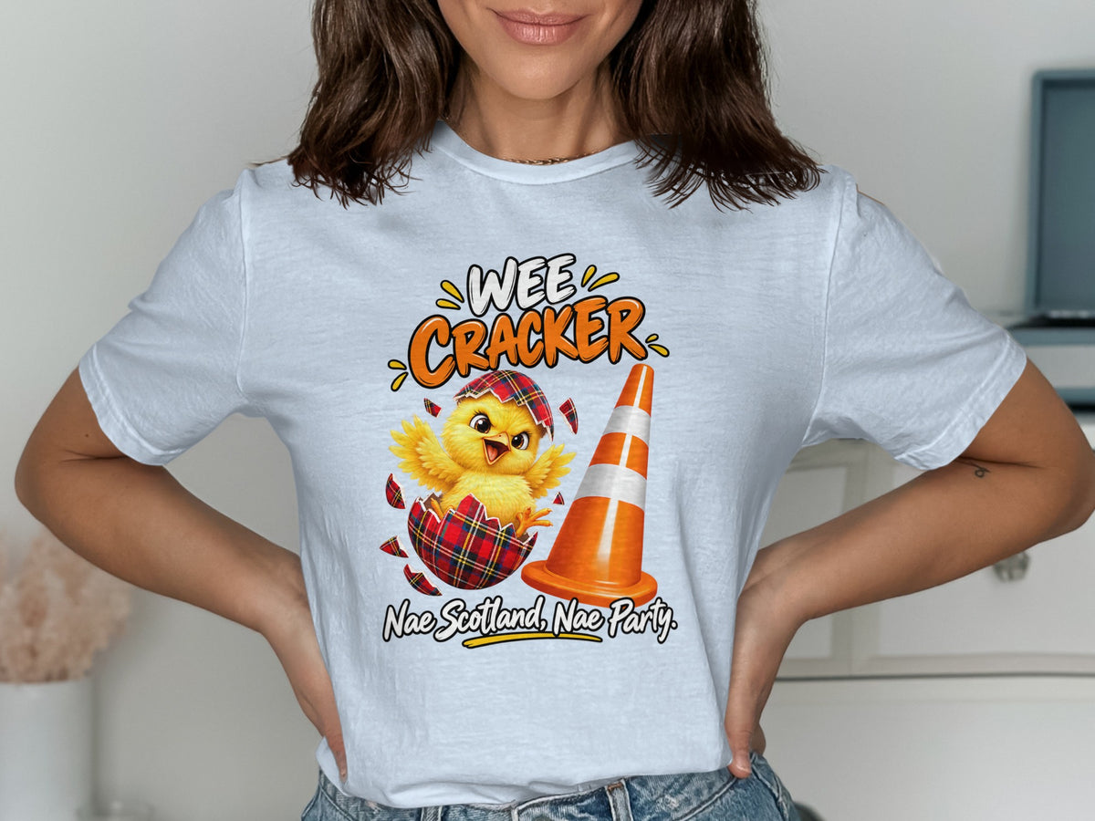 Chick hatches from a Scottish plaid egg next to an orange traffic cone.