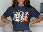 Navy t-shirt with "Out of Office. Into the Whisky." and a traffic cone with a Santa hat.