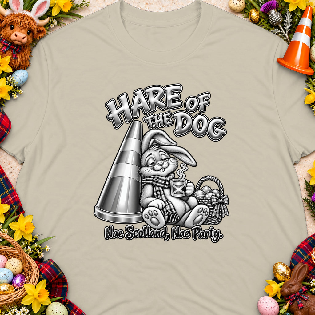 Bunny in scarf drinks coffee beside cone and basket of eggs, with text "Hare of the Dog".