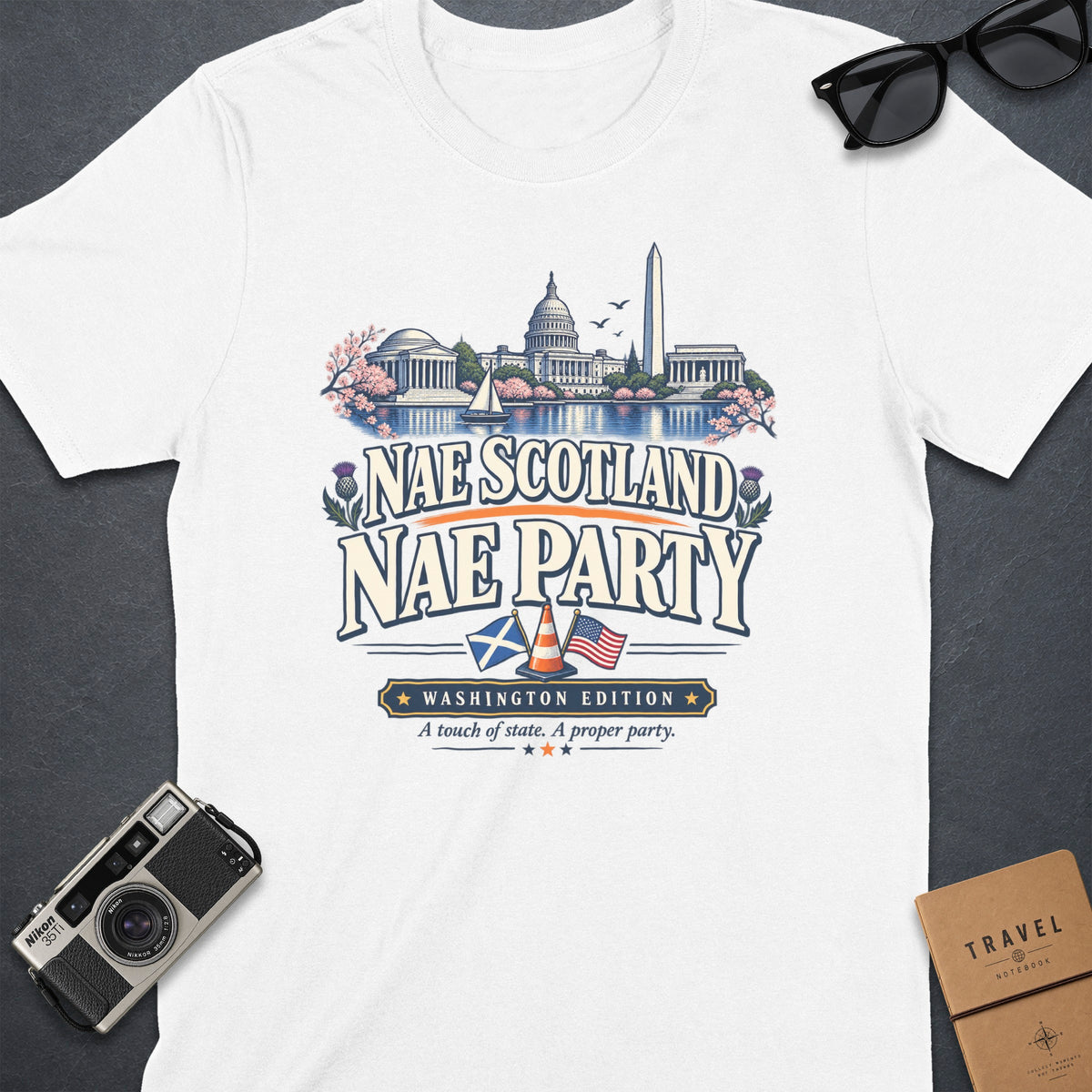White t-shirt with Washington D.C. landmarks and "Nae Scotland Nae Party" text.